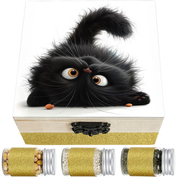 Set Cadou Prima Baita cu Nasii LoreBebe, Cutie lemn cu 10 ingrediente simbolice pentru scoaterea din mir, Cadou Botez, Model Pisica Neagra