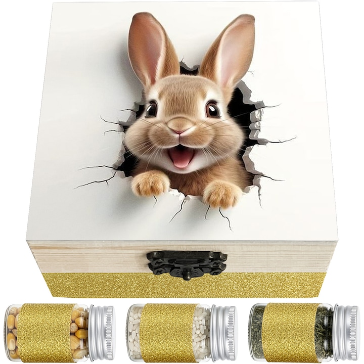 Set Cadou Prima Baita cu Nasii LoreBebe, Cutie lemn cu 10 ingrediente simbolice pentru scoaterea din mir, Cadou Botez, Model Iepuras Perete