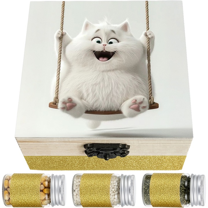 Set Cadou Prima Baita cu Nasii LoreBebe, Cutie lemn cu 10 ingrediente simbolice pentru scoaterea din mir, Cadou Botez, Model Pisica Leagan