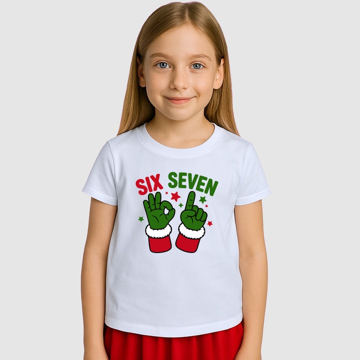 Tricou Copii SIX SEVEN 67 Gest Verde Dubla Mana, Alb