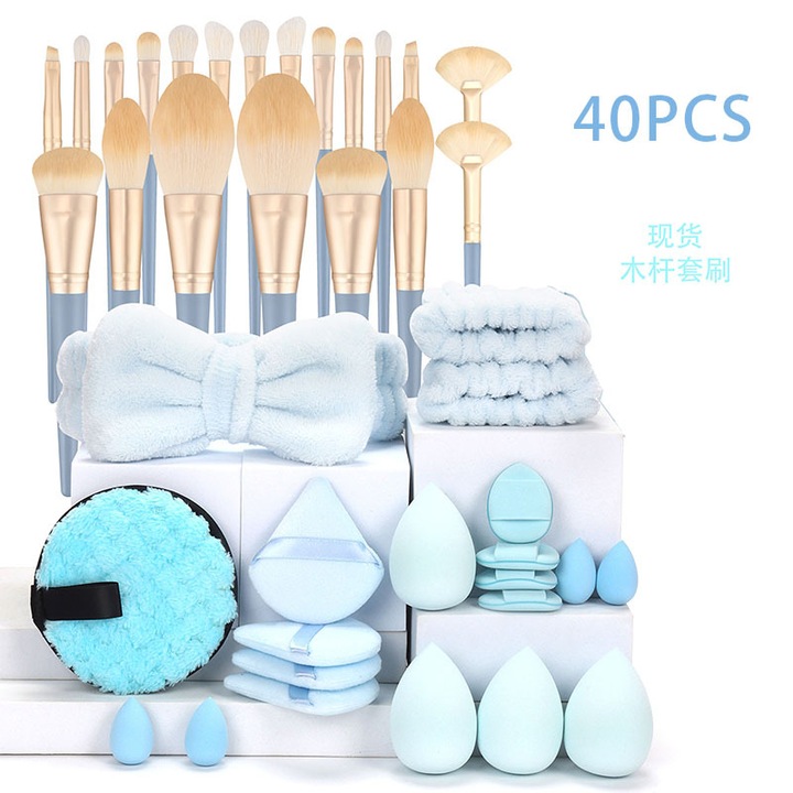 Set pensule machiaj profesional, 40 piese, albastru, dimensiune mare, cu maner din lemn