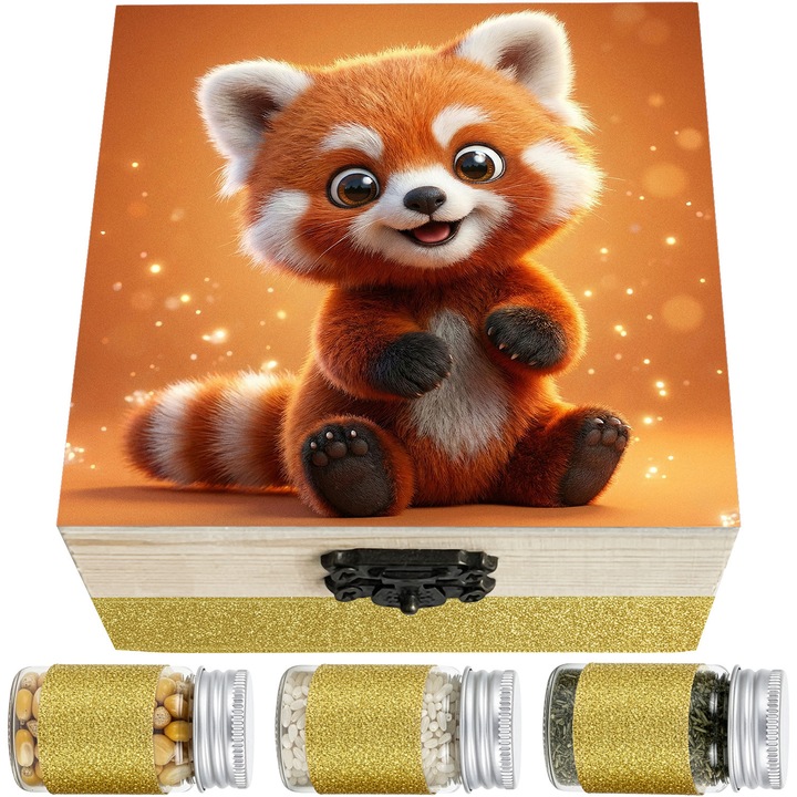 Set Cadou Prima Baita cu Nasii LoreBebe, Cutie lemn cu 10 ingrediente simbolice pentru scoaterea din mir, Cadou Botez, Model Panda Rosu