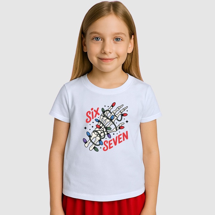 Tricou Copii SIX SEVEN 67 Schelet Lumini Festive, Alb