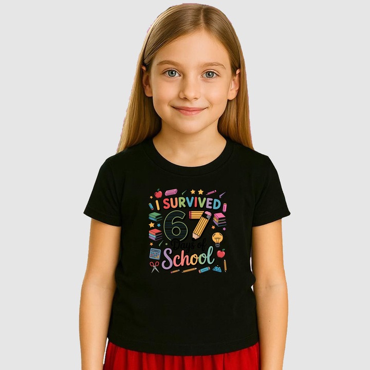 Tricou Copii SIX SEVEN 67 Am Supravietuit Scolii Decorat, Negru