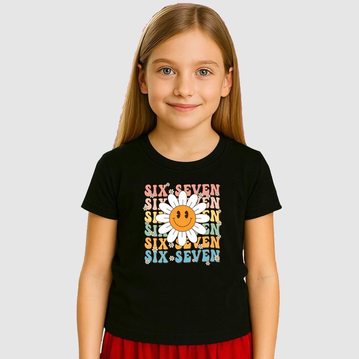 Tricou Copii SIX SEVEN 67 Floare Vesela Retro, Negru