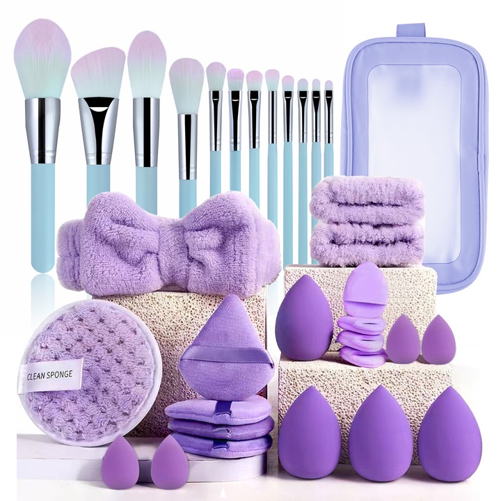 Set de pensule de machiaj profesionale, 33 piese, multicolor, pentru aplicare, curatare si concealer