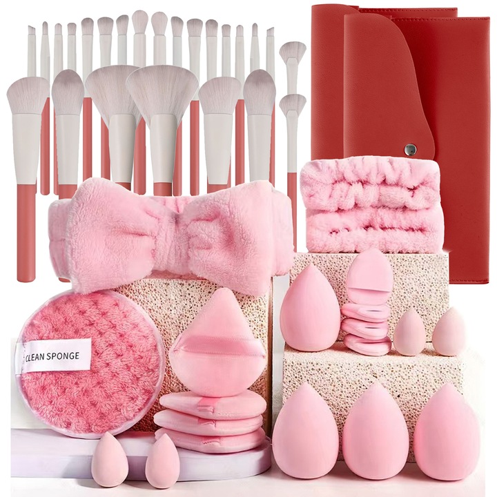 Set pensule machiaj profesional, 46 piese, roz, cu maner din lemn, multifunctional