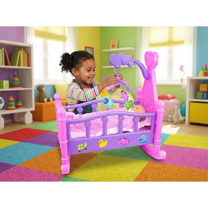 Set Sweet Baby: Patut leganat 53x42x56cm, Papusa 30cm, pastel roz-mov, 3+ ani