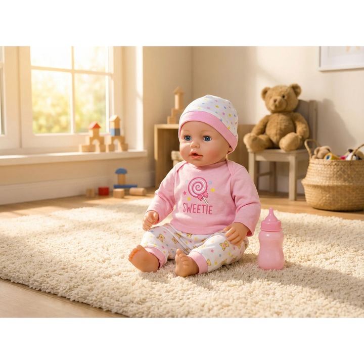 Papusa interactiva Bebe Tutu Love 30 cm, set Babylove Playset cu biberon roz, 10 sunete, haine colorate