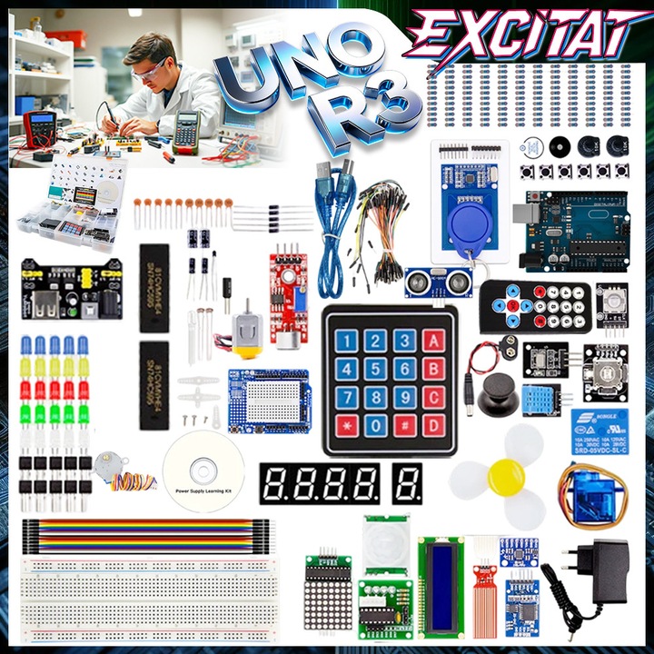 Excitat® Kit UNO R3 pentru Incepatori, Componente Electronice Compatibile Arduino IDE Oficial, 32 Proiecte + 221 Piese, Potentiometru, Modul Alimentare, Senzori, Motor Pasat, SG90, Display LCD, Telecomanda, Include CD cu Tutoriale Detaliate
