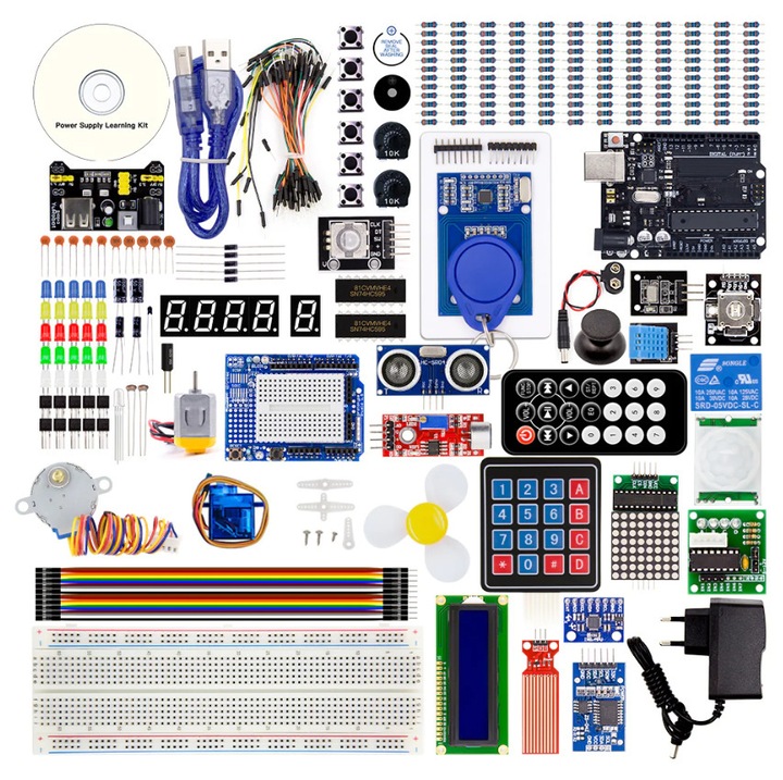 Excitat® Kit UNO R3 pentru Incepatori, Componente Electronice Compatibile Arduino IDE Oficial, 32 Proiecte + 221 Piese, Potentiometru, Modul Alimentare, Senzori, Motor Pasat, SG90, Display LCD, Telecomanda, Include CD cu Tutoriale Detaliate