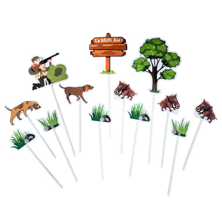 Vadász tortadísz topper, EBIN, 13 darabos készlet, fényes karton, természetes színek