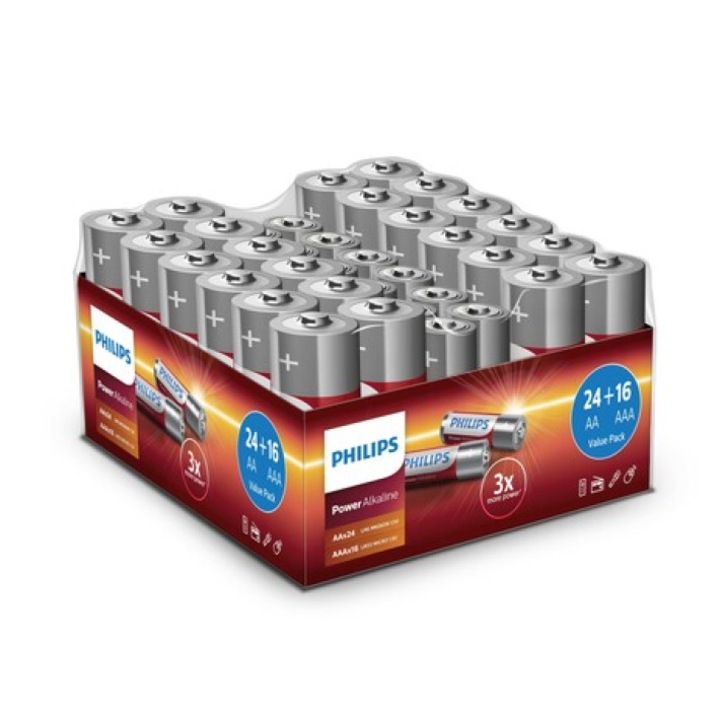 Set 40 baterii Philips Power Alcaline, 24 AA si 16 AAA, universale