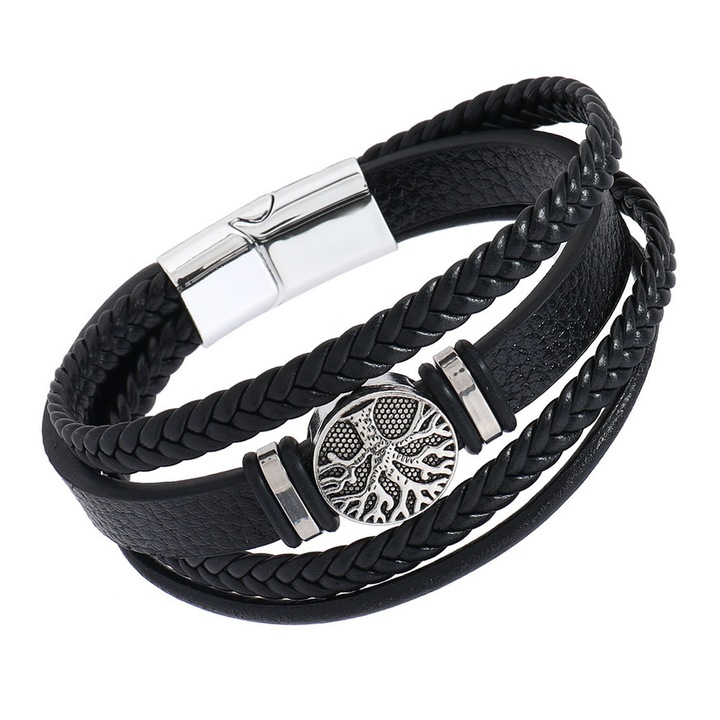 Férfi karkötő, Asskanaer, fonott PU bőr zsinór, mágneses záródás, fekete, 19cm