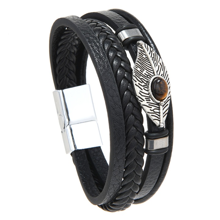 Bratara vintage pentru barbati, facuta din piele si aliaj, purtata cu un snap magnetic, potrivita ca accesoriu de moda cadou, negru