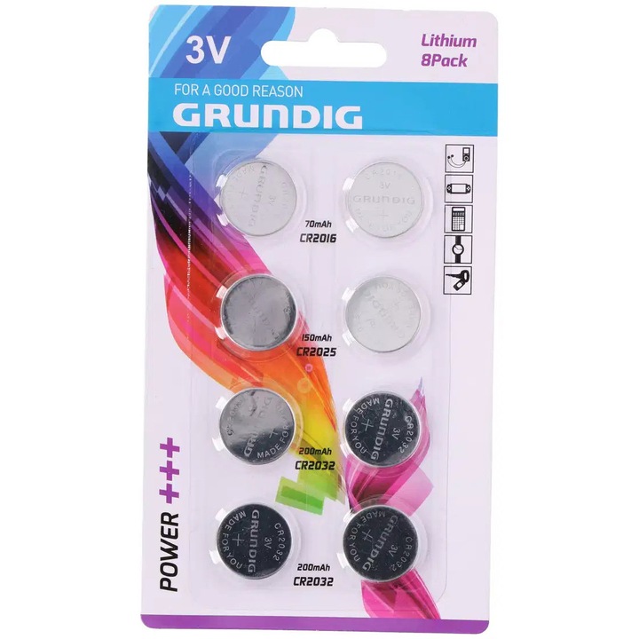 Set 8 baterii buton litiu Grundig CR2032, CR2025, CR2016, 3V, 200mAh, 150mAh