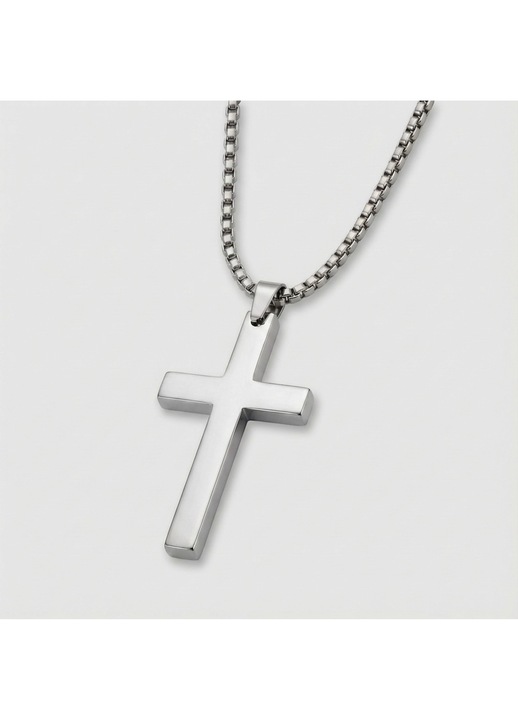 Lantisor cu Pandantiv Cruce Cativo® - Round Pearl Chain 50cm, Otel Inoxidabil 316L, Argintiu, Cadou Barbati