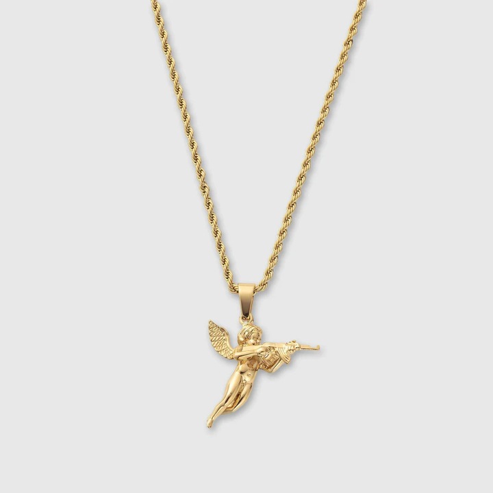 Lantisor cu Pandantiv Inger Razboinic Cativo® - Rope Chain 50cm, Placat cu Aur 18K, Otel Inoxidabil 316L, Auriu, Cadou Barbati