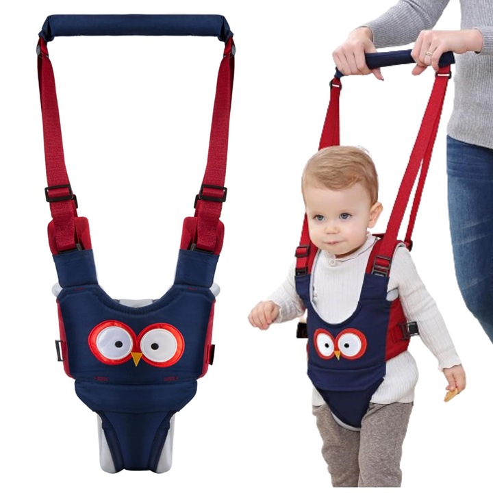 Centura de siguranta pentru mersul bebelusului, ajustabil, albastru/rosu, 4 in 1