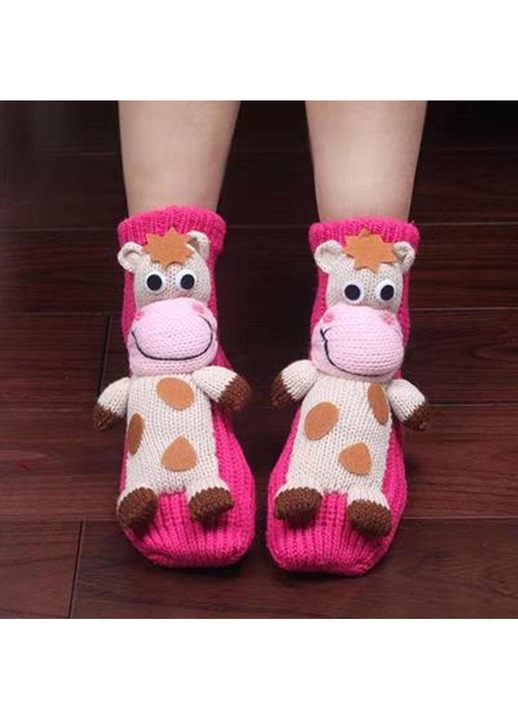 Női kötött zokni, állatmintás, csúszásgátló, rózsaszín-piros, 35-39