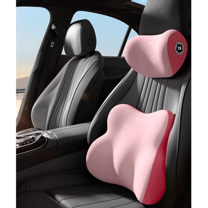 Autós memóriahab derék- és fejtámla párna szett, ergonomikus hát- és nyaktámasz, anatómiai kialakítás, nyaki és deréktáji fájdalmak csökkentése, prémium kényelem hosszú vezetéshez, rózsaszín, PriStyle®