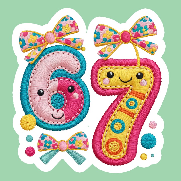 Sticker SIX SEVEN 67 Cifra Colorata, Autoadeziv, Cri-Flo, Dimensiune 10 cm