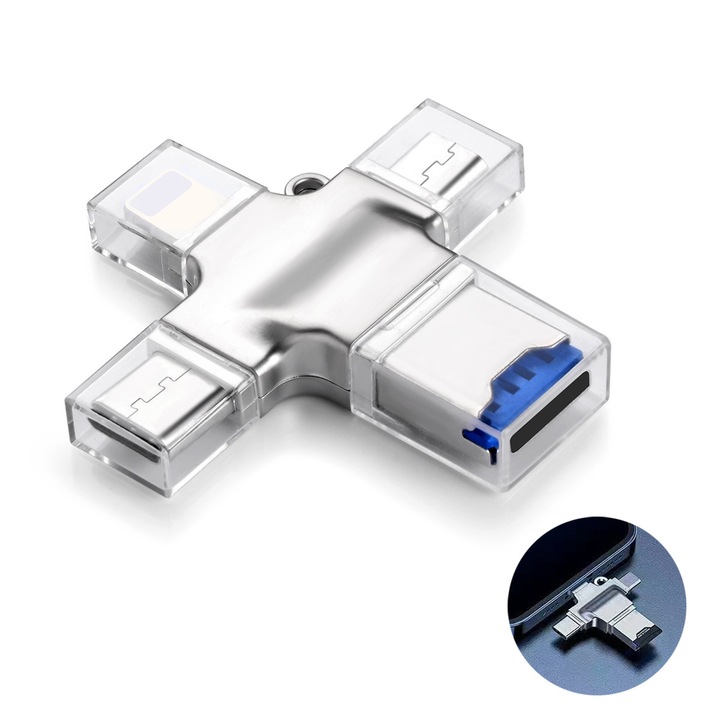 Adaptor Card DUAIU 4 in 1 - Cititor SD/TF, Compatibil cu Lightning, USB-C, Micro USB, pentru iPhone, Samsung, Huawei, Transfer Rapid Date Foto/Video, Portabil, Universal, Alb