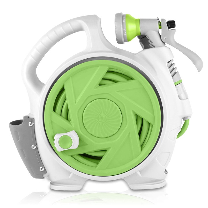 Прибиращ се макара за градински маркуч, AFKSMILE, Количка за градински маркуч, 7 режима на пръскане, включва дюза за пръскане + конектори, За двор, кола, поливане на градина, Пластмаса, 32 * 13.5 * 32 см, Зелен
