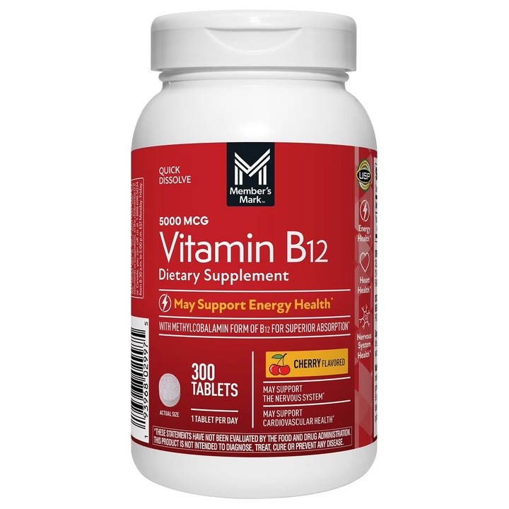 Supliment Alimentar, Member's Mark, Vitamina B12, Contribuie la Reducerea Oboselii si Sprijina Functionarea Sistemului Nervos, 5000mcg / portie, aroma de Cirese, 300 tablete