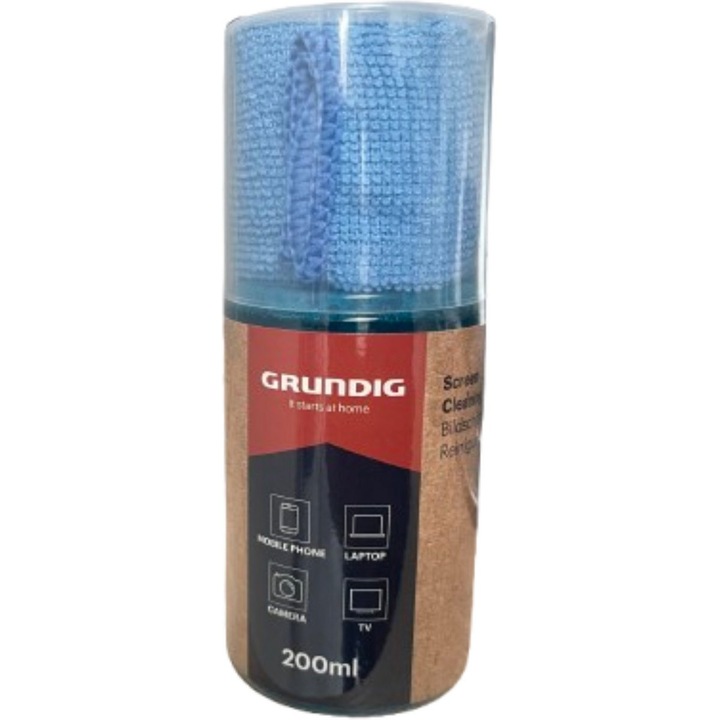 Set curatarea ecranelor, Grundig, Laveta microfibra si spray 200 ml, Ideale pentru TV, Laptop, Smartphone si Tablete