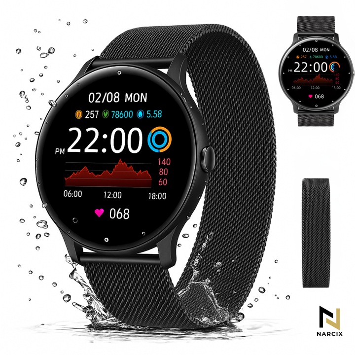 Smartwatch NARCIX® – Ceas Inteligent Premium, Asistent AI + Apel Bluetooth, Ecran 1.28”, 123 Moduri Sport, Monitorizare Pasi/Ritm Cardiac/SpO₂/Stres, IP67, Black
