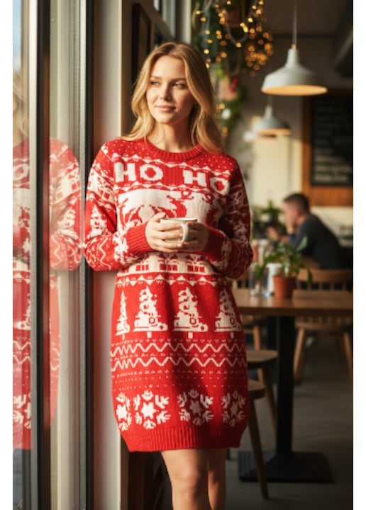 Rochie Craciunita, tricotata, StarFashion, cu maneca lunga, rosu, OneSize