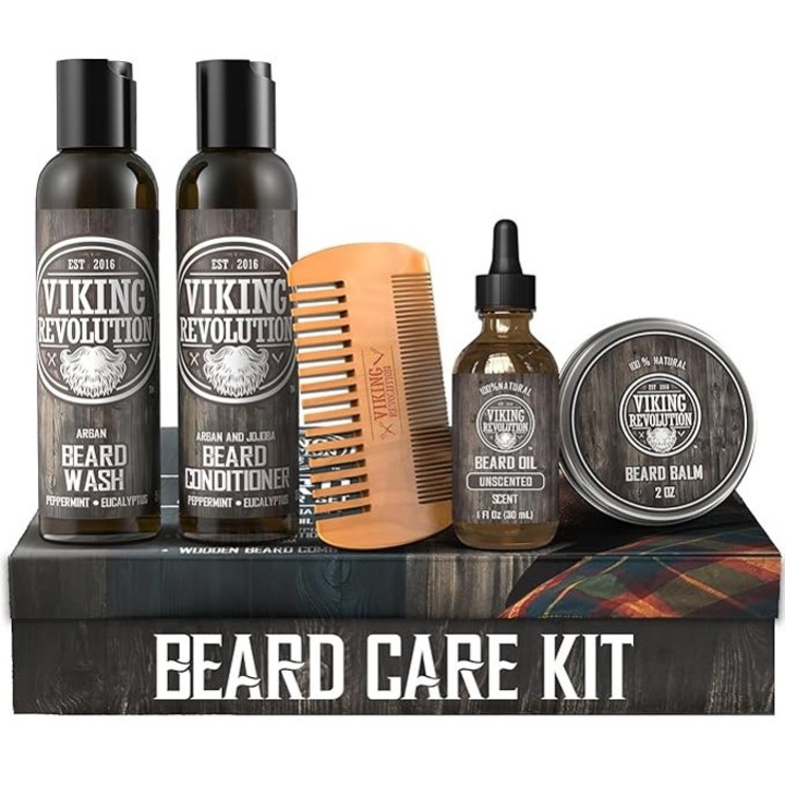 Viking Revolution – Set ingrijire barba pentru barbati – calmeaza mancarimea, netezeste si hidrateaza – include sampon, balsam, ulei, balsam de barba & pieptene – cadou ideal pentru barbati