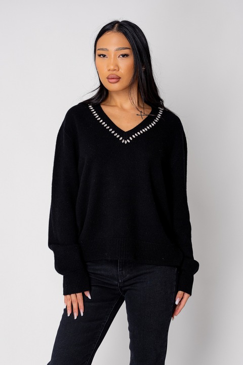 Fekete gyapjú és kasmír pulóver strasszokkal 19528, Fekete, One Size