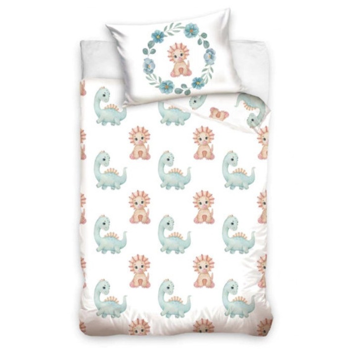Set Lenjerie de Pat Dinozauri Pastel pentru Copii 100% Bumbac, Husa Pilota 90x120 cm, Fata Perna 40x60 cm, Inchidere cu capse