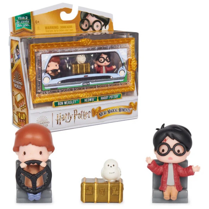 Mikro figura készlet Harry Potter, Repülő autó, 3 db 4 cm-es figura: Harry Potter, Ron Weasley és Hedwig, valamint átlátszó tok