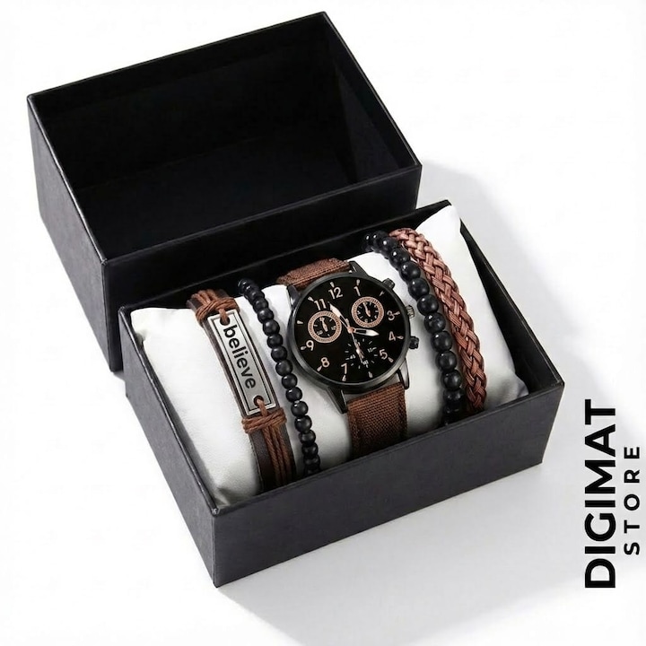 Set Accesorii Premium DIGIMAT® de barbati, 5 piese, Ceas Quartz Casual-Elegant Curea Textila Maro & 4 Bratari Piele/Margele "Believe", Design Modern Fashion, Ideal pentru Cadou Iubit, Sot sau Aniversare, maro antichizat