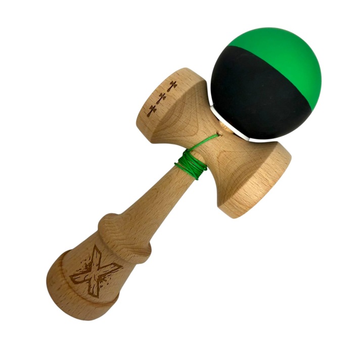 Kendama X, Rubber Grip, Big cup V3, Lemn, 18 cm, Rulment Metalic cu Ata 55 cm, Cupe Mari, Balace Hole, Verde - Negru