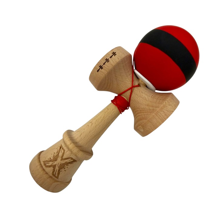 Kendama X, Rubber Grip, Big cup V3, Lemn, 18 cm, Rulment Metalic cu Ata 55 cm, Cupe Mari, Balace Hole, Negru si Rosu