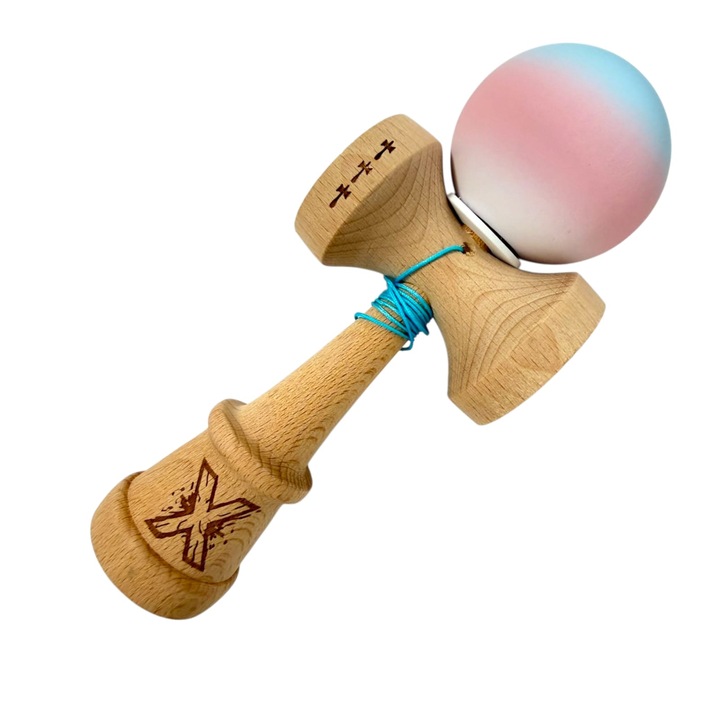 Kendama X, Rubber Grip, Big cup V3, Lemn, 18 cm, Rulment Metalic cu Ata 55 cm, Cupe Mari, Balace Hole, Albastru - Roz