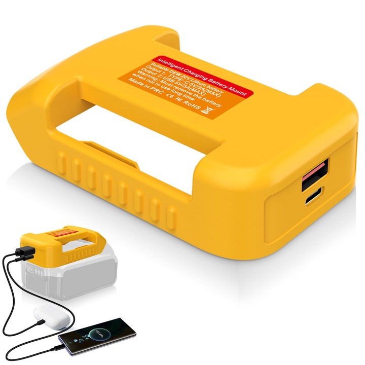 Адаптер DeWalt за батерии 20V DCB200 DCB201, двоен порт тип C и USB-A, преносим, 2Ah