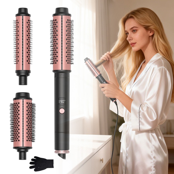 Perie De Par Electrica 3 in 1Excitat®，3 Capete Interschimbabile Coafare Profesionala, Volum, Bucle, Indreptare, 5 Trepte Temperatura, Pentru Toate Tipurile De Par, Calitate Premium