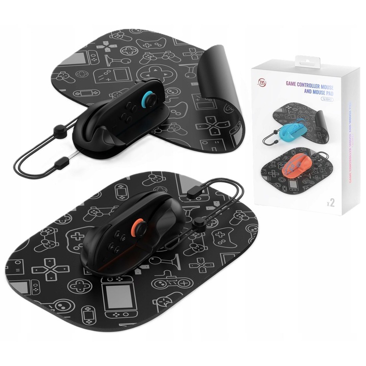 Set 4 in 1, JYS, NS2313-V4, Negru, 2x manere pentru modul mouse pentru Joy-Con, 2x pad-uri de precizie, Forma ergonomica, Baza antiderapanta, Suprafata Jacquard, Plastic ABS, Material textil Jacquard, Baza din cauciuc, Compatibil cu Nintendo Switch 2