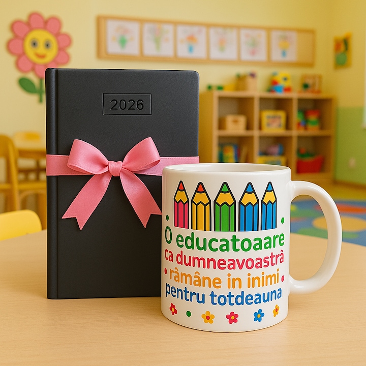 Set Cadou pentru Educatoare 2026 – Agenda Neagra Eleganta cu Funda Roz si Cana Vesela cu Mesaj de Multumire, Tipo-Art