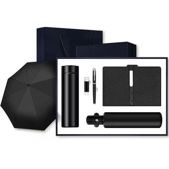 Комплект подаръци за мъже, JOYSTOS, Сгъваем чадър, Термос от неръждаема стомана 450 мл, USB стик 32 GB, Бележник, Подаръчна кутия и чанта