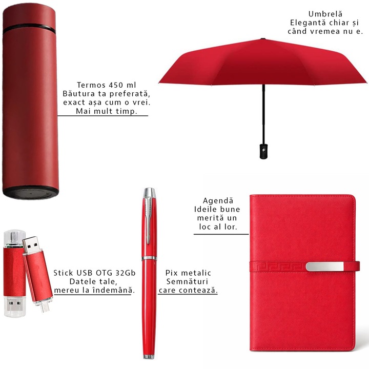 Set Cadou pentru Femei, 5 Produse Premium, JOYSTOS, Termos Inox, Agenda Coperta din Piele Eco, Pix elegant, Stick USB 32Gb, Umbrela Automata, Cutie si Punga Cadou, Ideie cadouri Craciun pentru Ea, Femei, Sotie, Iubita, Sefa, Prietena, Colega