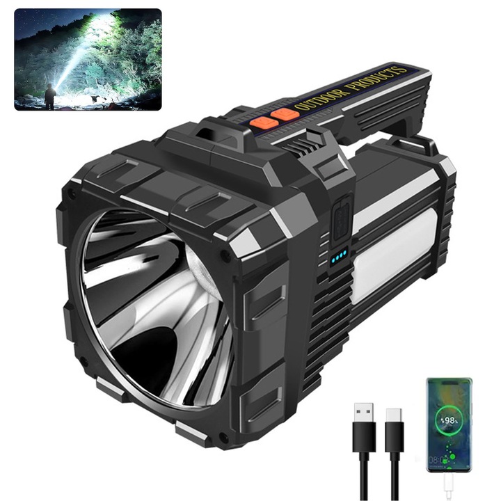 LED фенер, ашканер, 1900Lm, 3000mAh батерия, 4 нива на интензитет, USB зареждане, Power Bank, за палатка, къмпинг, риболов, лов, ABS, 12.8x27.7x16cm, черен