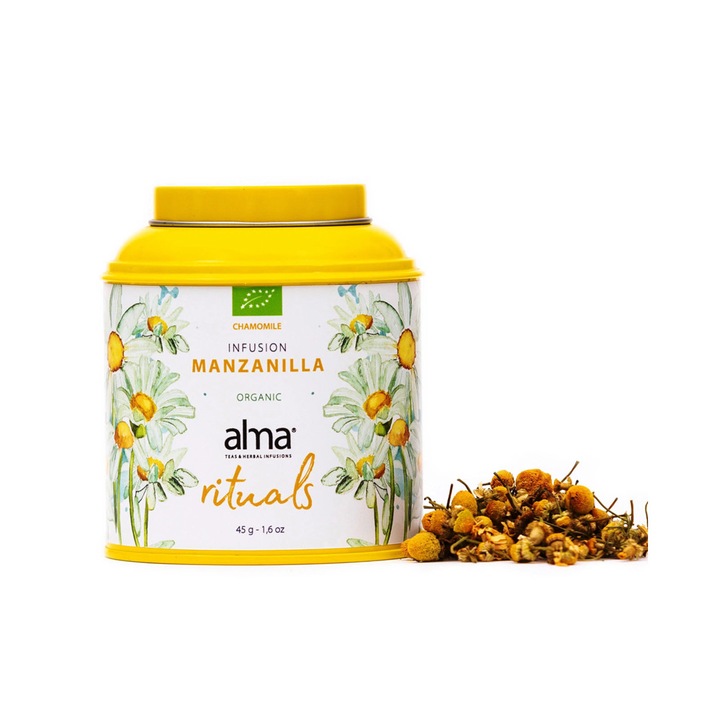 Ceai de musetel bio Alma Teas, infuzie, 100% natural, surse sustenabile, efect relaxant, proprietati digestive, reduce disconfortul abdominal, imbuntateste somnul, gust echilibrat, 45 g