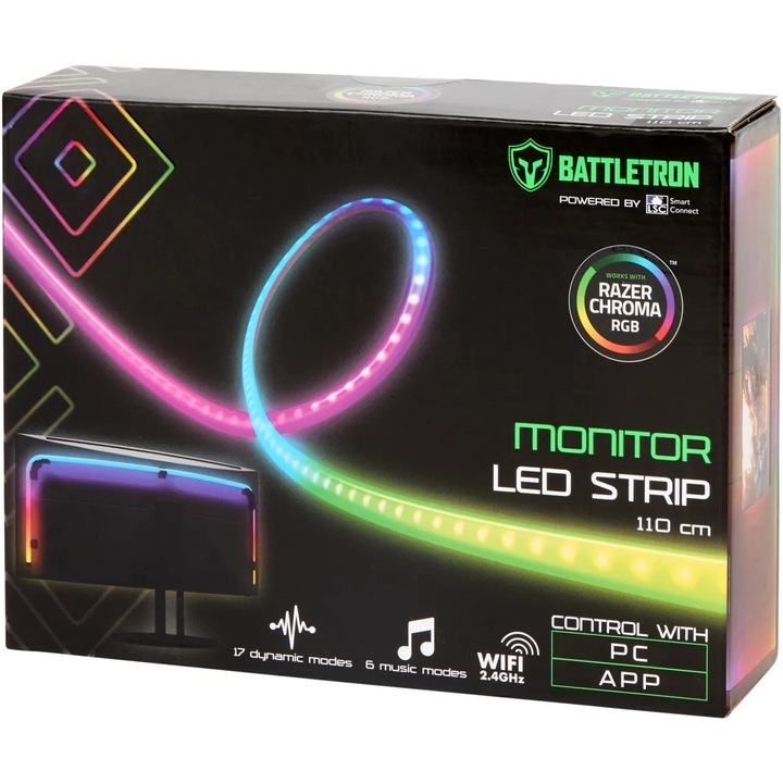 Battletron monitor LED szalag, 110 cm, dinamikus RGB világítás, Wi-Fi 2.4 GHz, 17 mód, gaminghez