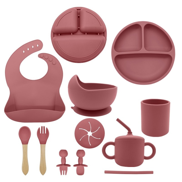 10 darabos szilikon etetőkészlet, gyerekek etetésére és hozzátáplálására, BPA-mentes, előke, rekeszes tányér, tapadókorongos tál, fa és szilikon evőeszközök, nassoló pohár, allergénmentes, rózsaszín